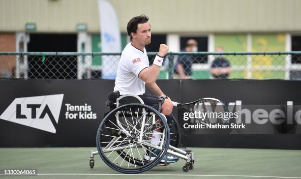 Gordon Reid of Great Britain celebrates after beating Joachim Gerard in the mens singles match during the British Open Wheelchair Tennis...