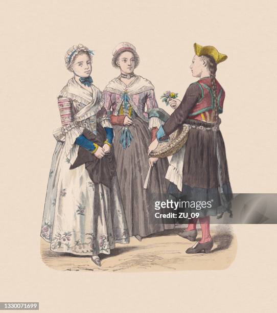 18th century, german bourgeois costumes, hand-colored wood engraving, published c.1880 - design plat stock illustrations