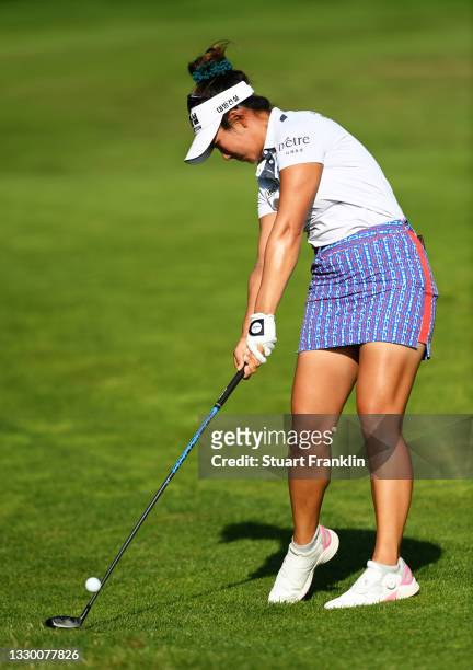 Su-Hyun Oh of Australia plays a shot on hole 18 during day one of the The Amundi Evian Championship at Evian Resort Golf Club on July 22, 2021 in...