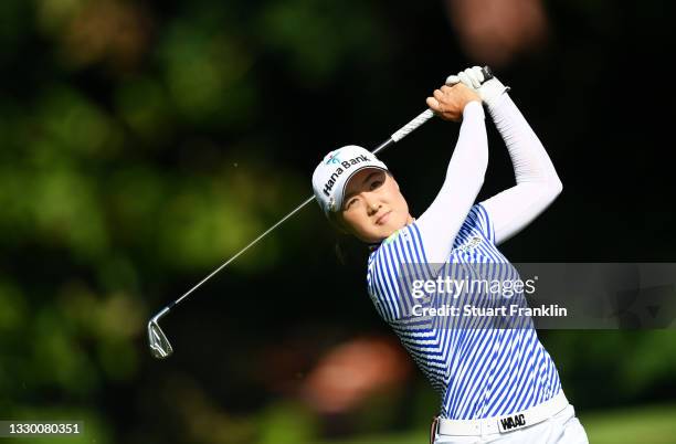 Minjee Lee of Australia plays her second shot on hole 18 during day one of the The Amundi Evian Championship at Evian Resort Golf Club on July 22,...