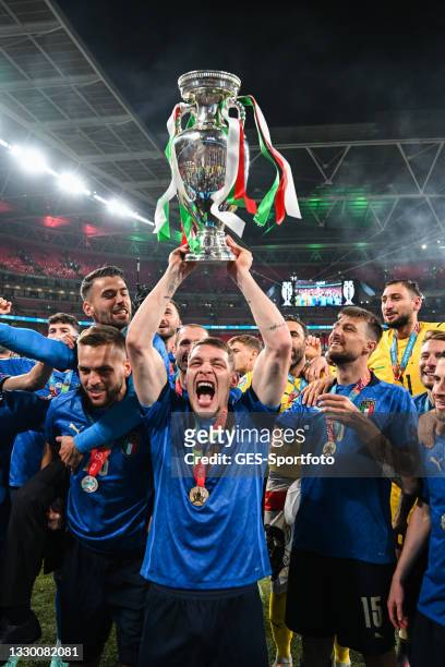 Andrea Belotti of Italy celebrates after the UEFA Euro 2020 Championship Final between Italy and England at Wembley Stadium on July 11, 2021 in...