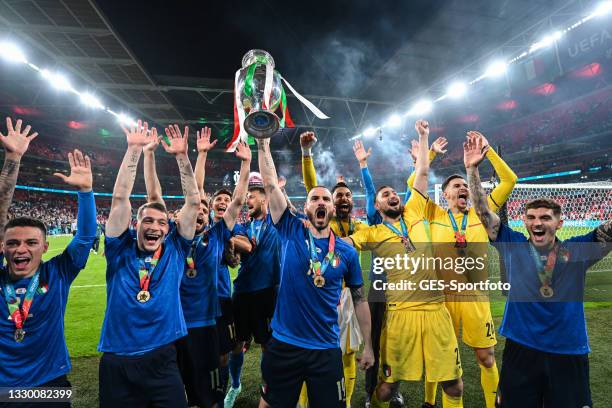 Leonardo Bonucci of Italy celebrates with teammates after the UEFA Euro 2020 Championship Final between Italy and England at Wembley Stadium on July...