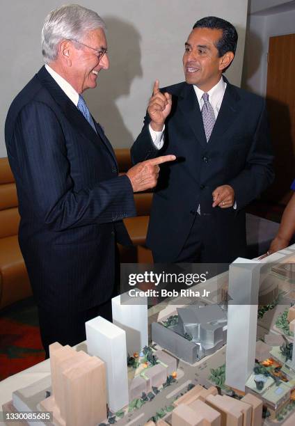 Grand Avenue Committee Chairman Eli Broad talks with Los Angeles Mayor-elect Antonio Villaraigosa with model of the $1.8 Billion Master Plan for the...