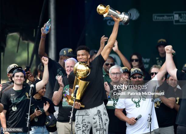 Giannis Antetokounmpo celebrates during the Milwaukee Bucks 2021 NBA Championship Victory Parade and Rally in the Deer District of Fiserv Forum on...