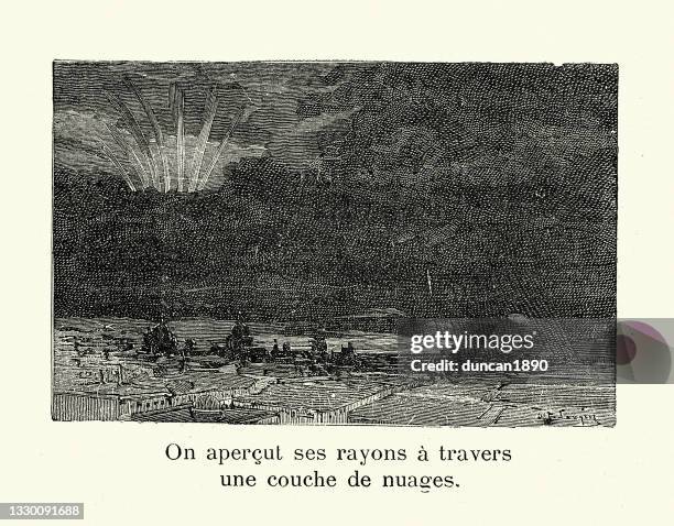 comet exploding in sky above a city, victorian futuristic apocalypse - asteroid collision stock illustrations