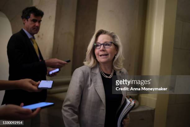 Rep. Liz Cheney arrives to House Speaker Nancy Pelosi’s office for a meeting with members of the select committee investigating the January 6th...