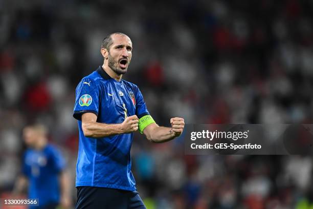 Giorgio Chiellini of Italy celebrates during the UEFA Euro 2020 Championship Final between Italy and England at Wembley Stadium on July 11, 2021 in...