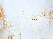 White painted metal texture with with rusty scratches. Rusty metal background.