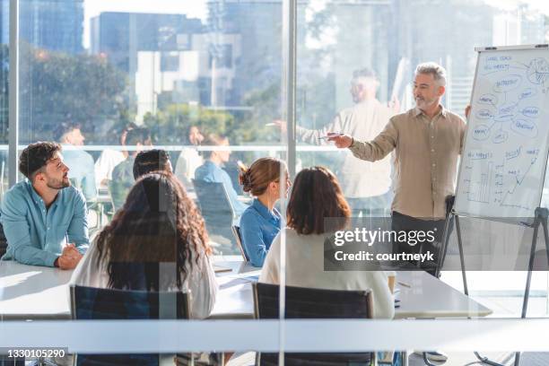 business people watching a presentation on the whiteboard. - congresso organizações imagens e fotografias de stock