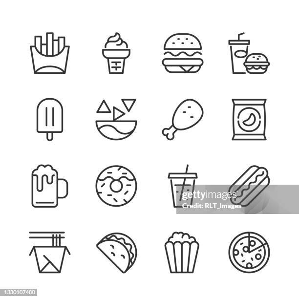 ilustraciones, imágenes clip art, dibujos animados e iconos de stock de iconos de comida chatarra — serie monoline - rosquillas