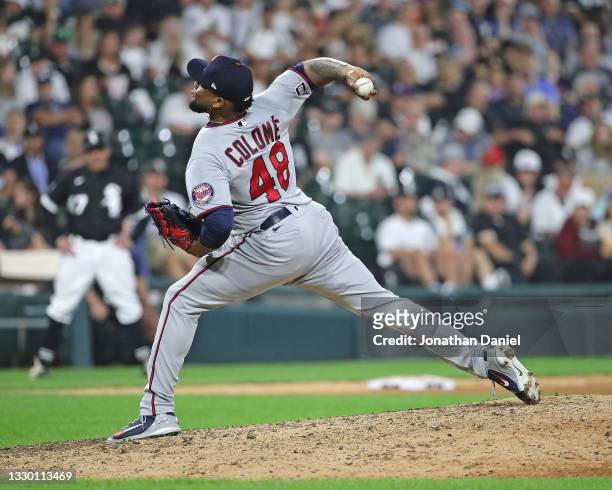 Alex Colome of the Minnesota Twins pitches against the Chicago White Sox at Guaranteed Rate Field on July 21, 2021 in Chicago, Illinois. The Twins...