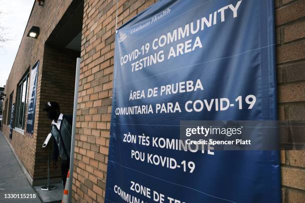 Health center advertises Covid-19 testing in a neighborhood near Brighton Beach on July 22, 2021 in the Brooklyn borough of New York City. The...