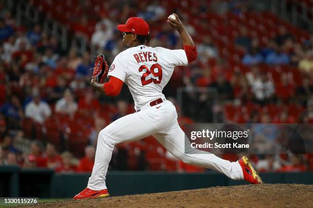 Alex Reyes of the St. Louis Cardinals delivers during the ninth inning against the Chicago Cubs at Busch Stadium on July 20, 2021 in St. Louis,...