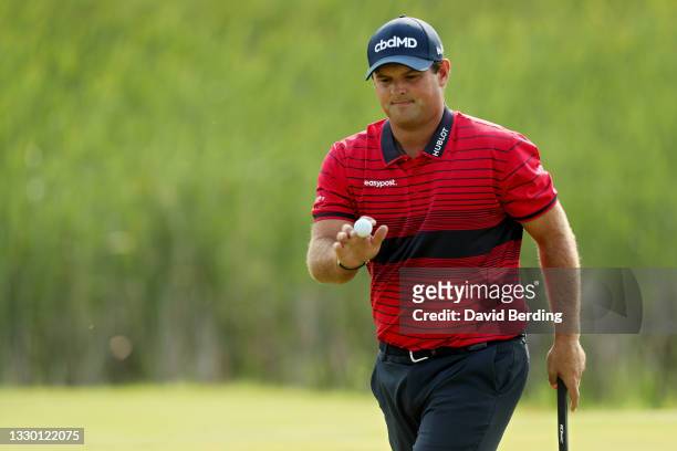 Patrick Reed reacts after making birdie on the 10th green during the First Round of the 3M Open at TPC Twin Cities on July 22, 2021 in Blaine,...