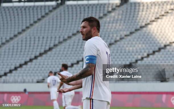 Captain Pierre-Andre Gignac of France reacts in the Men's First Round Group A match between Mexico and France during the Tokyo 2020 Olympic Games at...