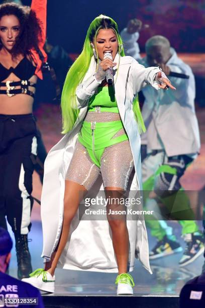 Natti Natasha performs onstage at Premios Juventud 2021 at Watsco Center on July 22, 2021 in Coral Gables, Florida.