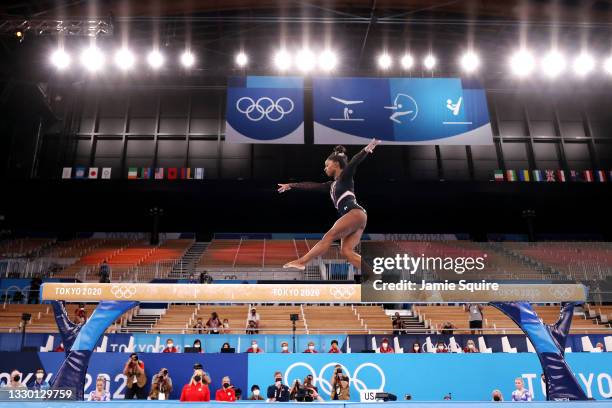 Simone Biles of Team United States trains on balance beam during Women's Podium Training ahead of the Tokyo 2020 Olympic Games at Ariake Gymnastics...