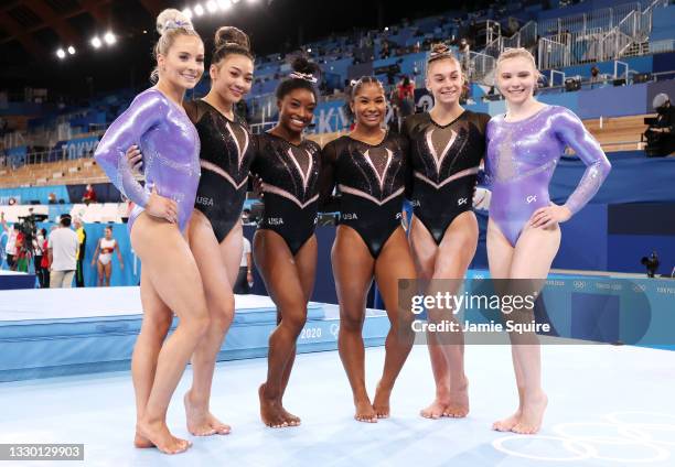 MyKayla Skinner, Sunisa Lee, Simone Biles, Jordan Chiles, Grace McCallum and Jade Carey of Team United States pose for a picture during Women's...