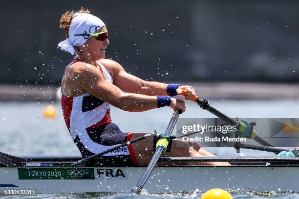 Helene Lefebvre of Team France competes during during the Women’s Double Sculls Heat 1 on Day 0 of the Tokyo 2020 Olympic Games at Sea Forest...