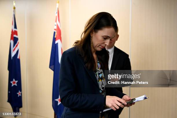 Prime Minister Jacinda Ardern departs after announcing that the quarantine free travel arrangement with Australia will be suspended for eight weeks...