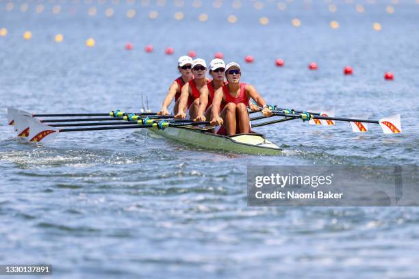 Yunxia Chen, Ling Zhang, Yang Lyu and Xiaotong Cui of Team China compete during the Women’s Quadruple Sculls Heat 2 on Day 0 of the Tokyo 2020...