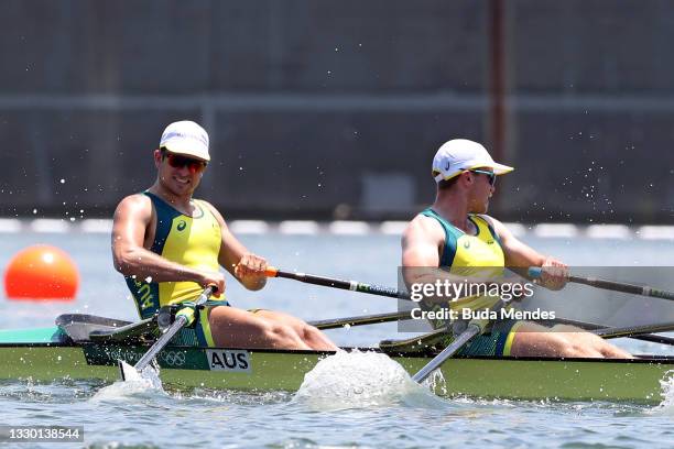 Jack Cleary and Caleb Antill of Team Australia compete during the Men’s Quadruple Sculls Heat 1 on Day 0 of the Tokyo 2020 Olympic Games at Sea...