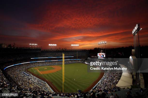 General view during the game between the Los Angeles Dodgers and the San Francisco Giants at Dodger Stadium on July 22, 2021 in Los Angeles,...