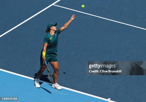 Ashleigh Barty of Team Australia serves during a practice session at Ariake Tennis Park ahead of the Tokyo 2020 Olympic Games on July 23, 2021 in...