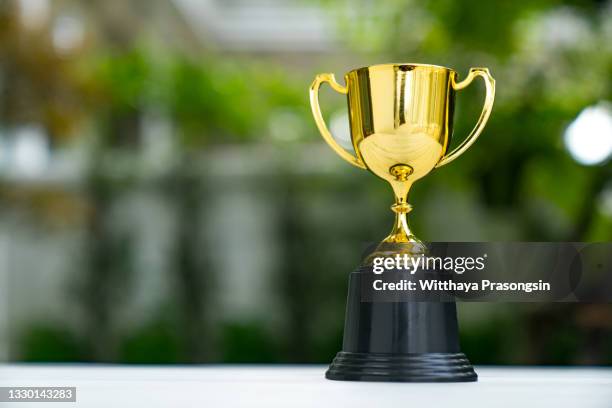 win the gold cup winners the concept of winning and successful business - awards trophies fotografías e imágenes de stock
