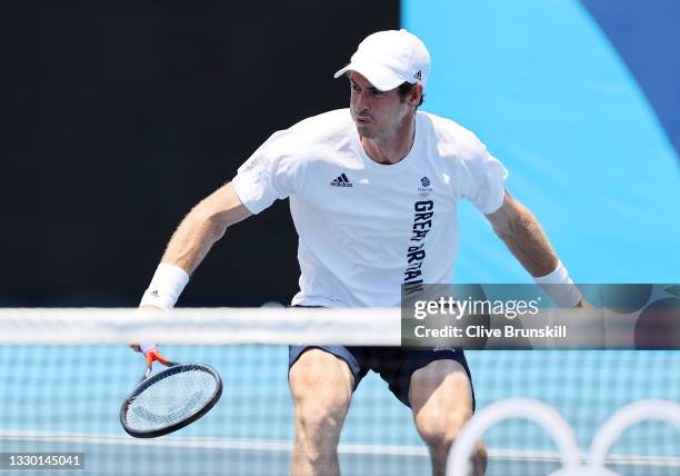 Andy Murray of Team Great Britain volleys during a practice session at Ariake Tennis Park ahead of the Tokyo 2020 Olympic Games on July 23, 2021 in...