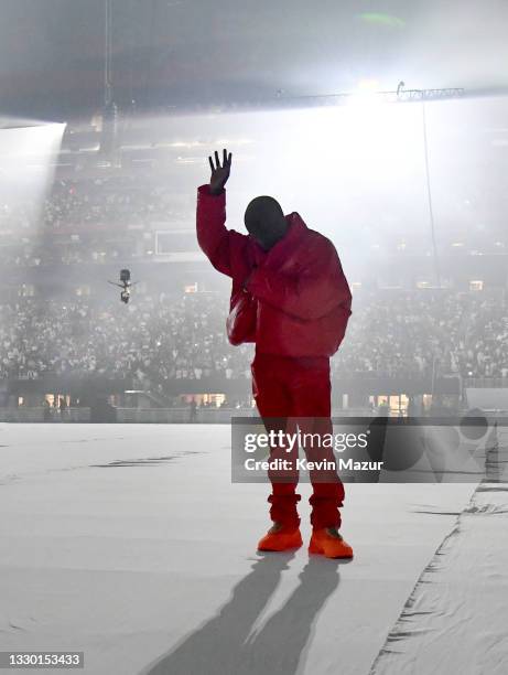 Kanye West is seen at ‘DONDA by Kanye West’ listening event at Mercedes-Benz Stadium on July 22, 2021 in Atlanta, Georgia.
