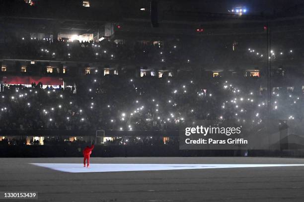 Kanye West is seen at ‘DONDA by Kanye West’ listening event at Mercedes-Benz Stadium on July 22, 2021 in Atlanta, Georgia.