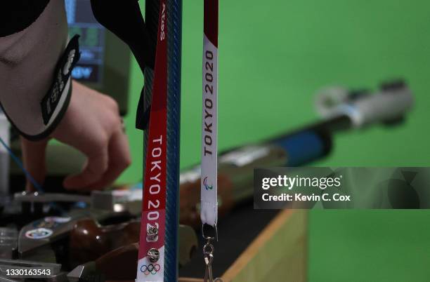 Detailed view the lanyard for the credential of Seonaid McIntosh of Team Great Britain during the 10m Air Rifle Women's Pre-Event Training ahead of...