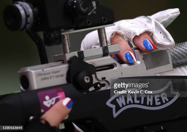 Detailed view of the fingernails of Alison Marie Weisz of Team United States during the 10m Air Rifle Women's Pre-Event Training ahead of the Tokyo...