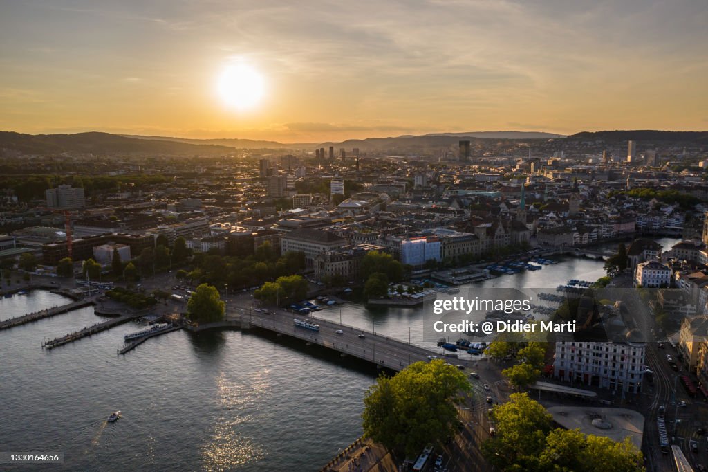 Sunset over Zurich old town in Switzerland
