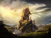 digital illustrated of dreamy castle palace tower fortress in nature kingdom landscape