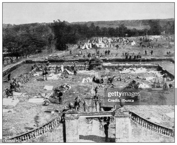 antique black and white photograph: american occupation of pasig and bivouac of troops, philippines - bivouac stock illustrations