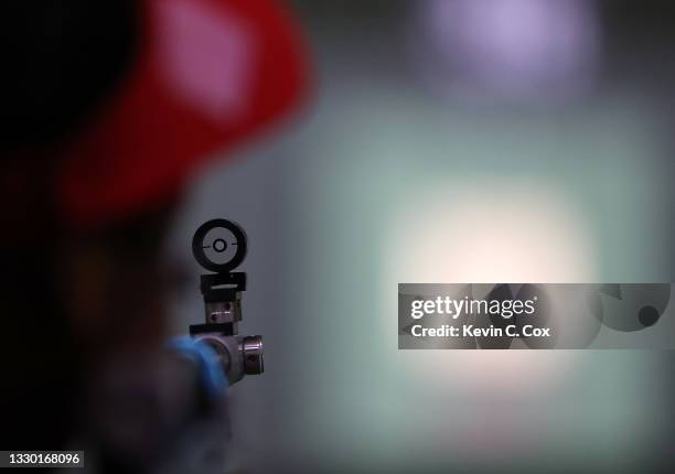 Luna Solomon practices during the 10m Air Rifle Women's Pre-Event Training ahead of the Tokyo 2020 Olympic Games at Asaka Shooting Range on July 23,...
