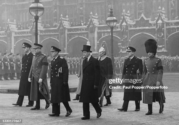From left, Prince Philip, Duke of Edinburgh , Prince Henry, Duke of Gloucester , Prince Edward, Duke of Windsor and Prince Edward, Duke of Kent walk...