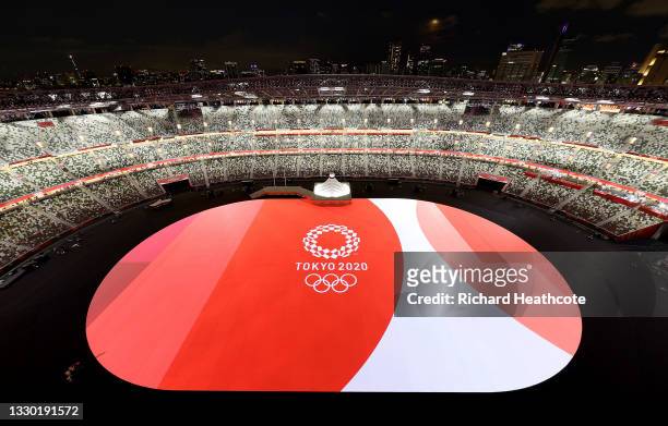 General view inside the stadium as the Tokyo 2020 Logo and Olympic Rings are seen prior to the Opening Ceremony of the Tokyo 2020 Olympic Games at...