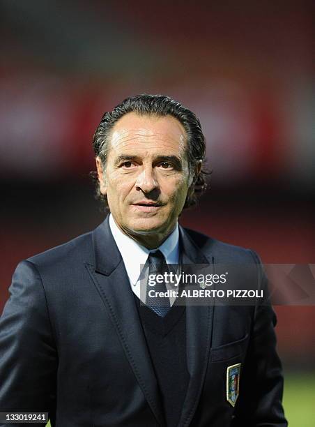 Italy's national football team coach Cesare Prandelli arrives for a visit at Windsor Park stadium on the eve of group C qualifying football match...