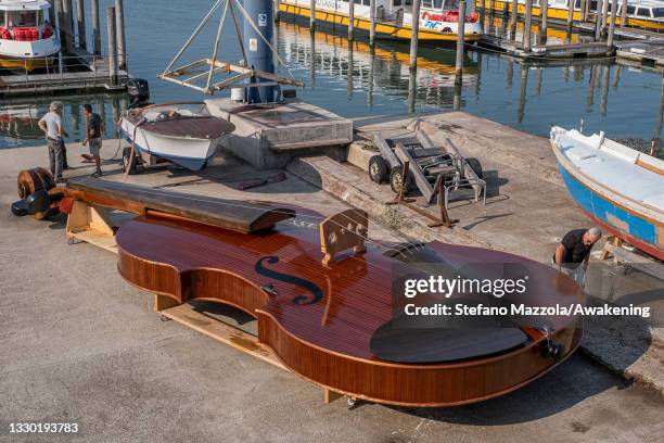 Top view of the violin boat before the press presentation on July 23, 2021 in Venice, Italy. The violin boat will be launched in September and will...