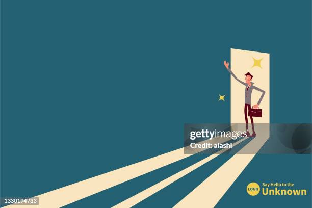 to say hello to the unknown, a businessman standing at the door greeting and getting ready to enter to search for business opportunities and success - hello future are you there stock illustrations