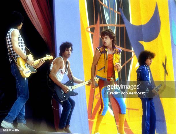 Ron Wood, Mick Jagger, Keith Richards and Bill Wyman of The Rolling Stones perform on stage at Feyenoord Stadium, De Kuip, Rotterdam, Netherlands,...