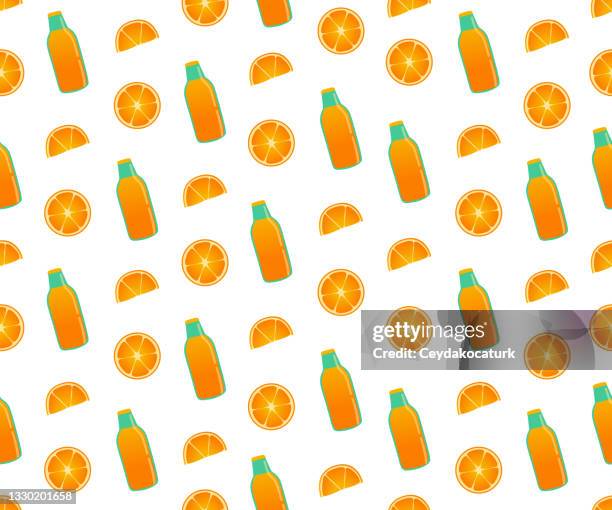 orange slices and orange juice bottle seamless pattern - fruit juice bottle stock illustrations