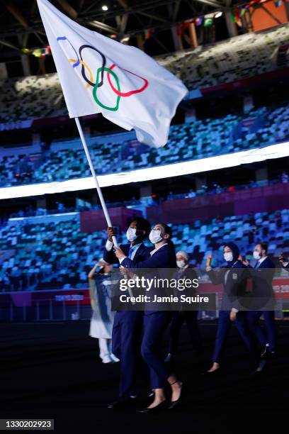 Flag bearers Yusra Mardini and Tachlowini Gabriyesos of The Refugee Olympic Team during the Opening Ceremony of the Tokyo 2020 Olympic Games at...