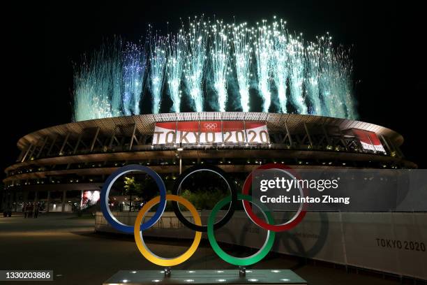 General view outside the stadium as fireworks are let off during the Opening Ceremony of the Tokyo 2020 Olympic Games at Olympic Stadium on July 23,...