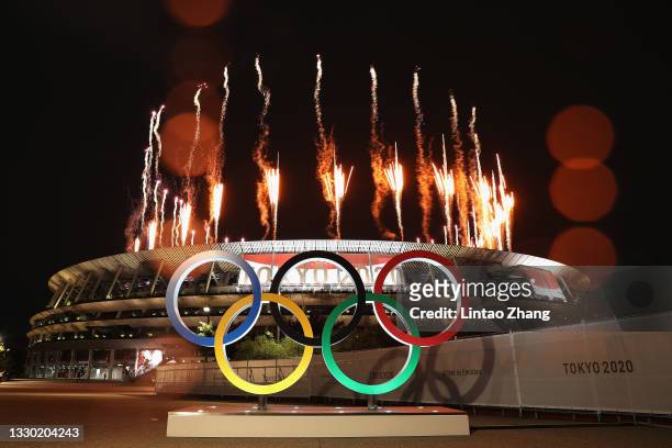 General view outside the stadium as fireworks are let off during the Opening Ceremony of the Tokyo 2020 Olympic Games at Olympic Stadium on July 23,...