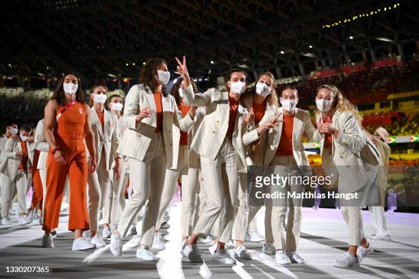 Members of Team Netherlands pose for a picture during the Opening Ceremony of the Tokyo 2020 Olympic Games at Olympic Stadium on July 23, 2021 in...