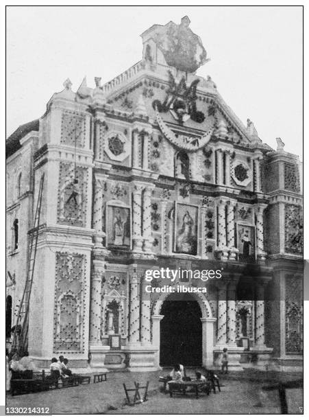 antique black and white photograph: convent of st augustine, manila, philippines - manila philippines stock illustrations